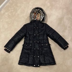 Girls Burberry Black Quilter Coat Plaid Lining Faux Fur detachable Hood size 10
